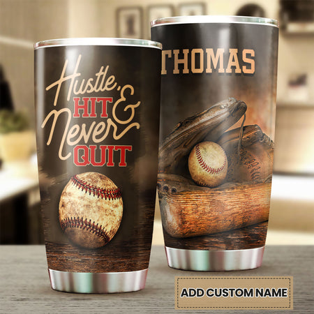 Camellia Persionalized Baseball Hit Never Quit Stainless Steel Tumbler - Customized Double - Walled Insulation Travel Thermal Cup With Lid Gift For Baseball Player