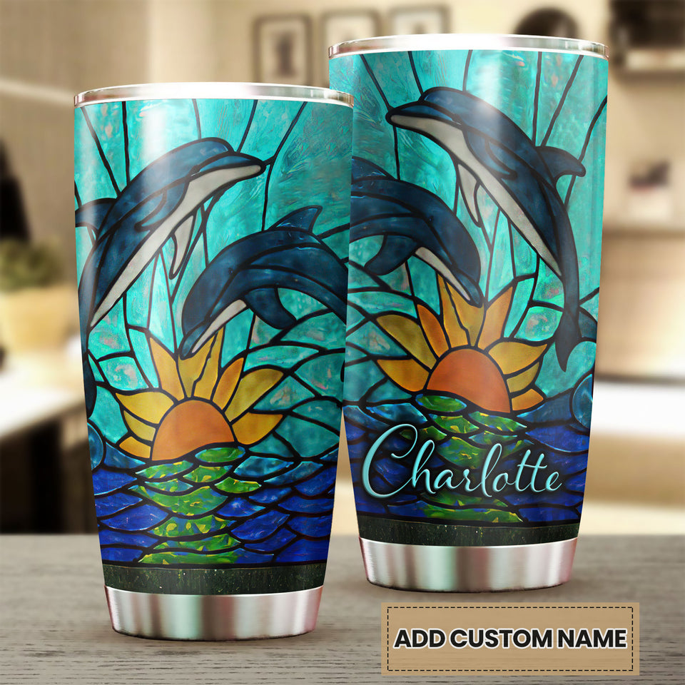 Camellia Personalized Art Sea Dolphin Stainless Steel Tumbler - Customized Double-Walled Insulation Travel Thermal Cup With Lid Gift For Dolphin Lover