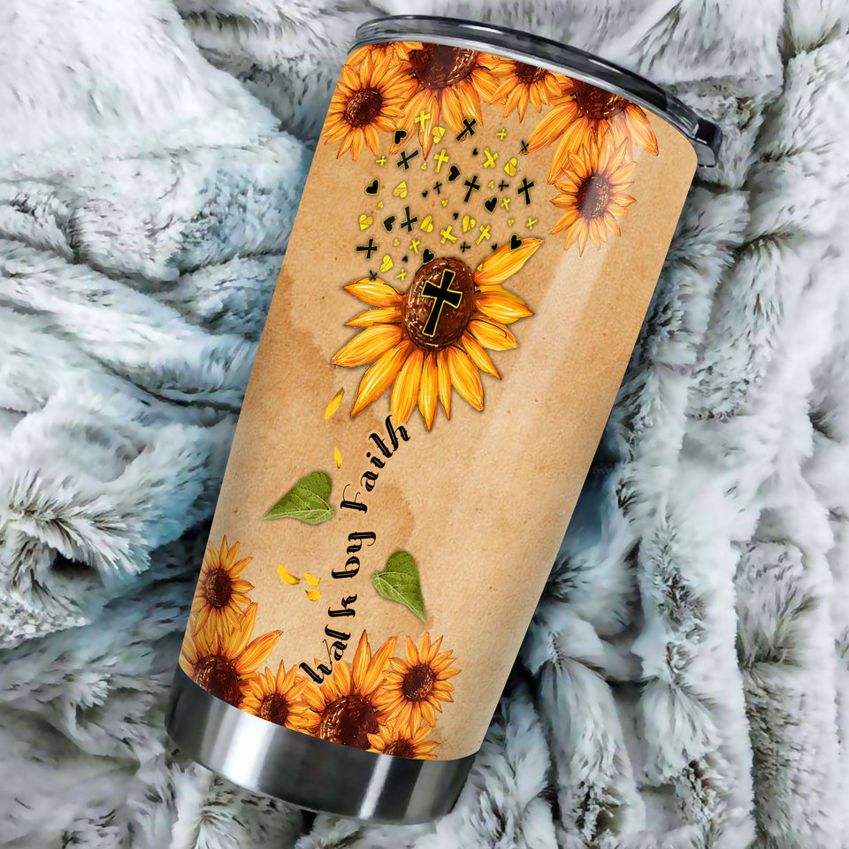 Camellia Persionalized Vintage Sunflower Walk By Faith Stainless Steel Tumbler - Customized Double - Walled Insulation Travel Thermal Cup With Lid