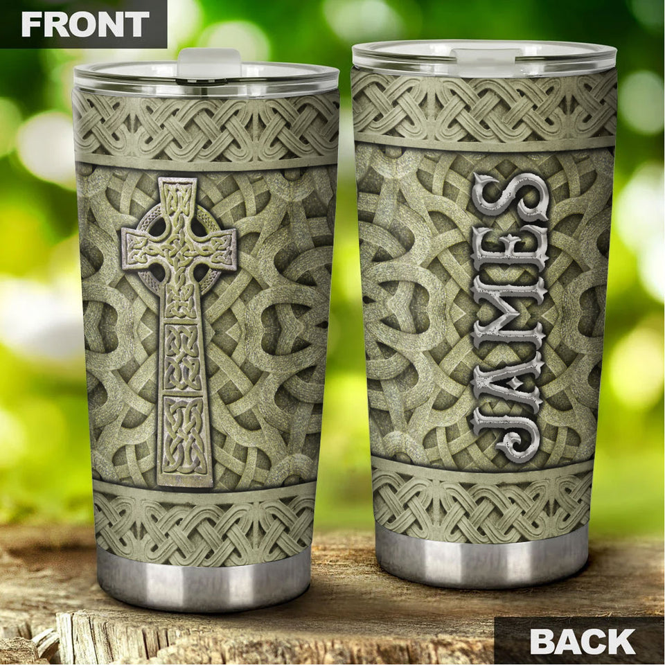 Camellia Personalized Cross In Stone Stainless Steel Tumbler - Customized Double-Walled Insulation Travel Thermal Cup With Lid Gift For Christian