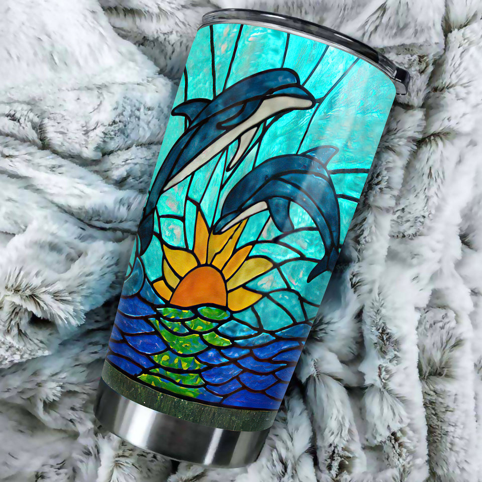 Camellia Personalized Art Sea Dolphin Stainless Steel Tumbler - Customized Double-Walled Insulation Travel Thermal Cup With Lid Gift For Dolphin Lover