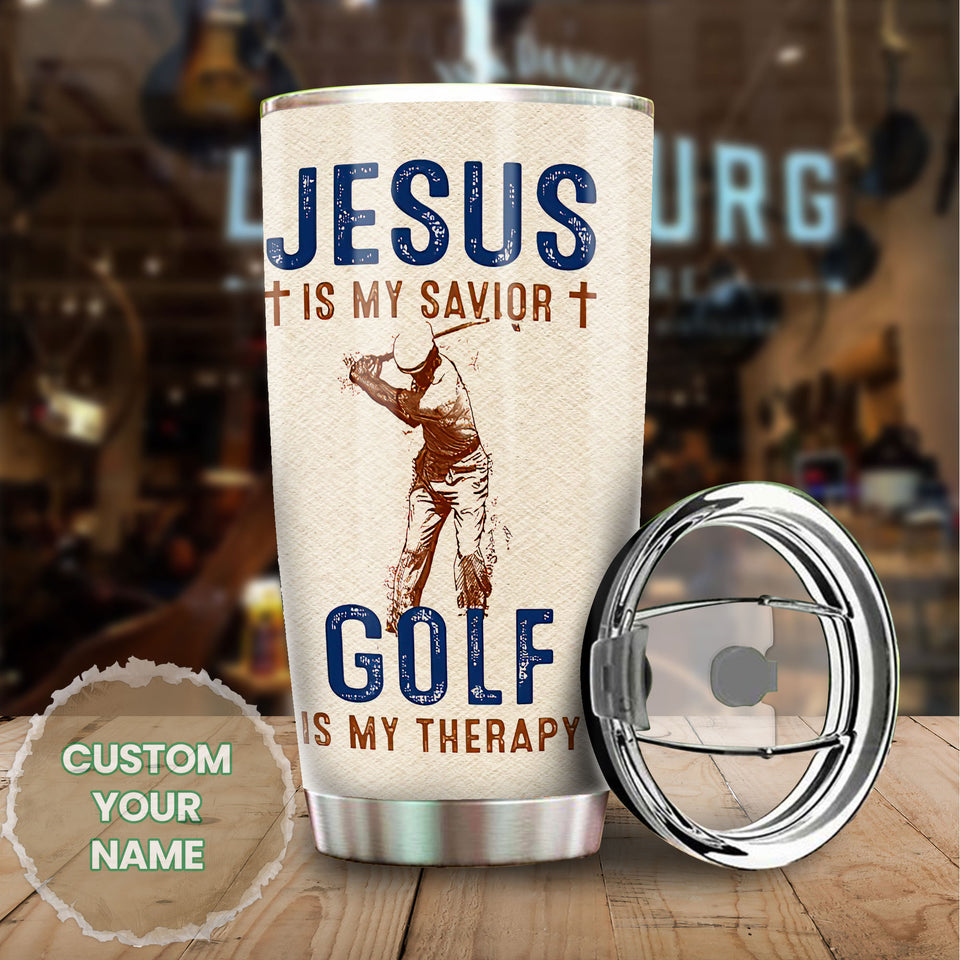 Camellia Personalized Jesus Is My Savior Golf Is My Therapy Stainless Steel Tumbler- Sweat-Prood Travel Cup With Lid Gift For Golf Player