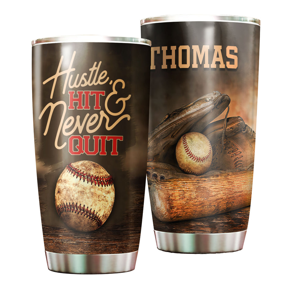Camellia Persionalized Baseball Hit Never Quit Stainless Steel Tumbler - Customized Double - Walled Insulation Travel Thermal Cup With Lid Gift For Baseball Player