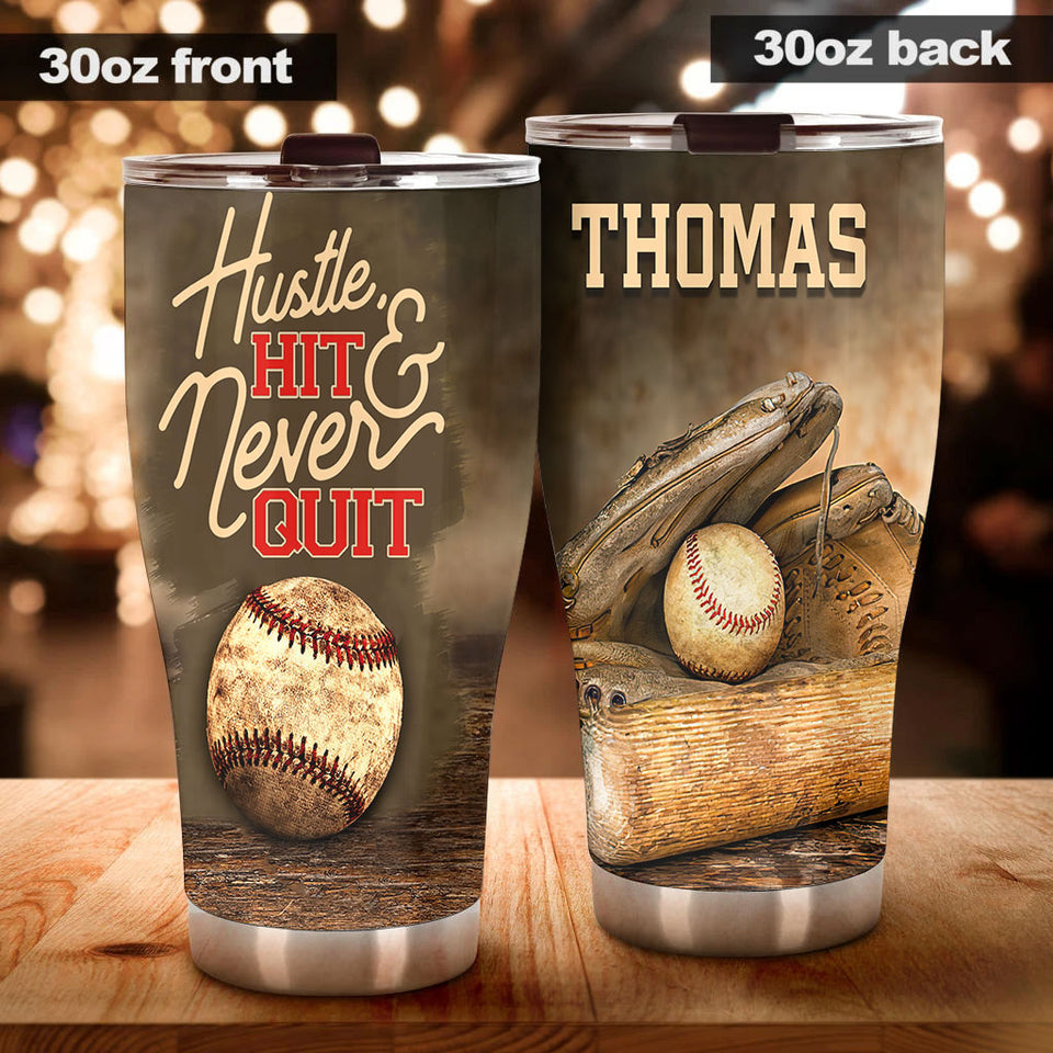 Camellia Persionalized Baseball Hit Never Quit Stainless Steel Tumbler - Customized Double - Walled Insulation Travel Thermal Cup With Lid Gift For Baseball Player