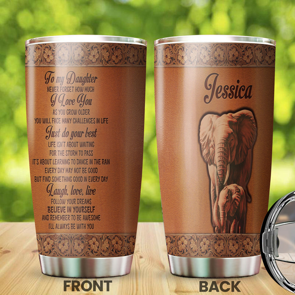 Camellia Personalized Elephant Loving Letter From  Mom To Daughter Leather Style Stainless Steel Tumbler-Sweat-Proof Travel Tharma Cup With Lid