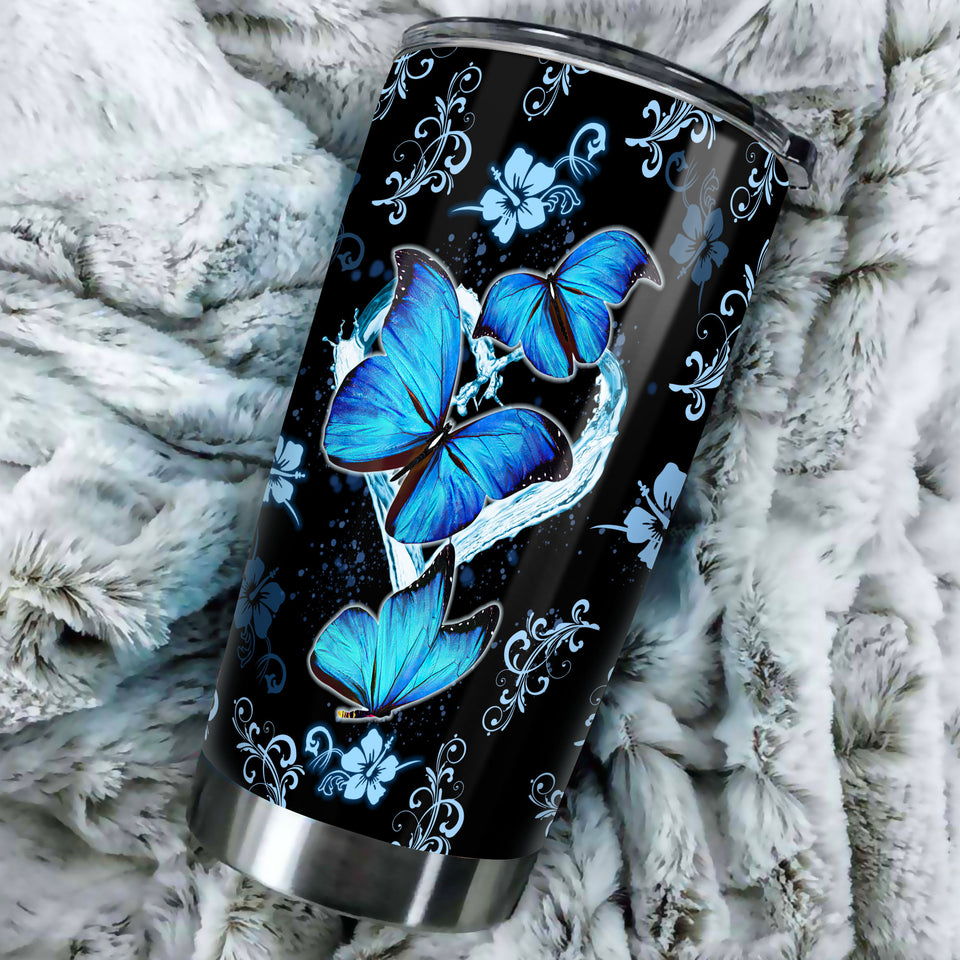Camellia Personalized Blue Butterfly Stainless Steel Tumbler - Double-Walled Insulation Vacumm Flask - Gift For Thanksgiving, Memorial Day