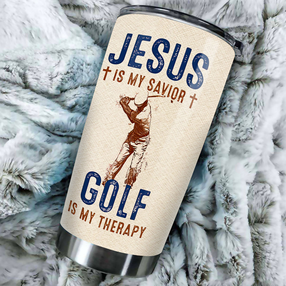 Camellia Personalized Jesus Is My Savior Golf Is My Therapy Stainless Steel Tumbler- Sweat-Prood Travel Cup With Lid Gift For Golf Player