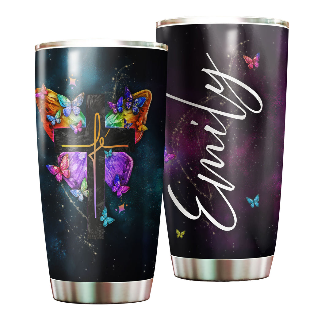 Camellia Personalized Butterfly Christian Cross Stainless Steel Tumbler - Double-Walled Insulation Vacumm Flask - For Thanksgiving, Memorial Day, Christians, Christmas Gift