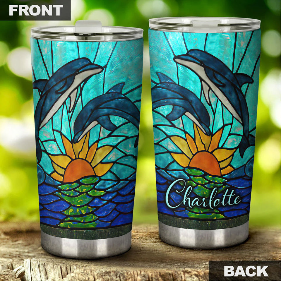 Camellia Personalized Art Sea Dolphin Stainless Steel Tumbler - Customized Double-Walled Insulation Travel Thermal Cup With Lid Gift For Dolphin Lover