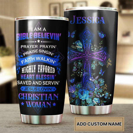 Camellia Personalized Butterfly Faith Bible I'm A Bible Believing Stainless Steel Tumbler - Double-Walled Insulation Vacumm Flask - For Thanksgiving, Memorial Day, Christians, Christmas Gift