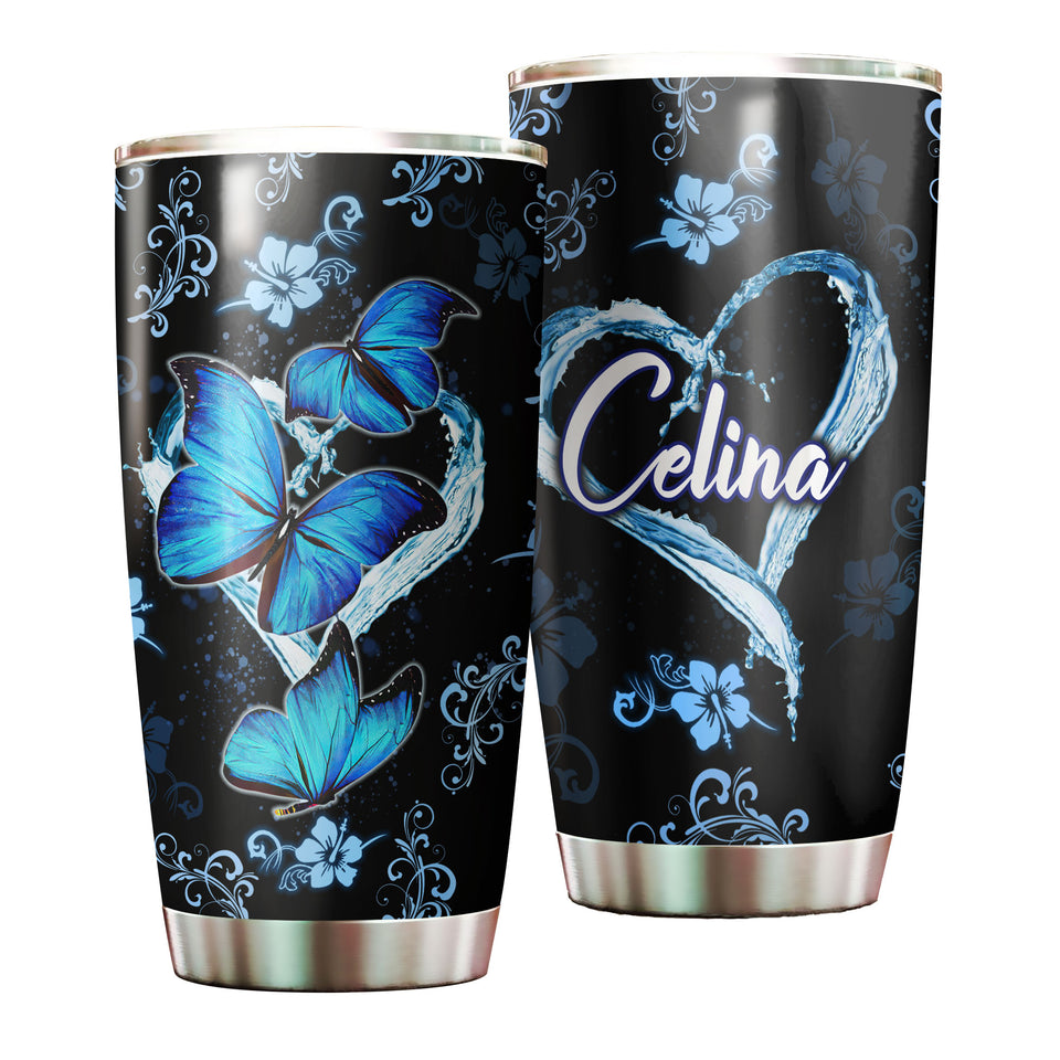 Camellia Personalized Blue Butterfly Stainless Steel Tumbler - Double-Walled Insulation Vacumm Flask - Gift For Thanksgiving, Memorial Day