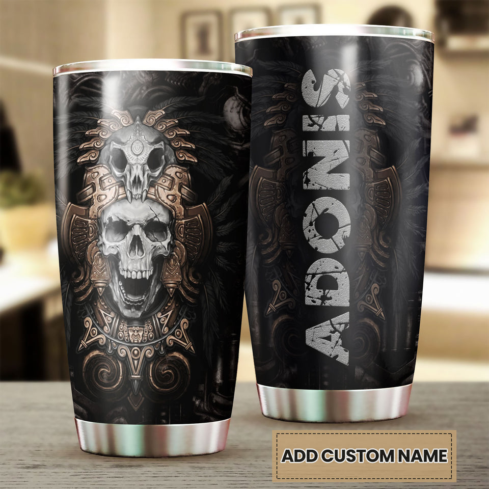 Camellia Personalized 3D Native American Golden Skull Stainless Steel Tumbler - Customized Double-Walled Insulation Travel Thermal Cup With Lid