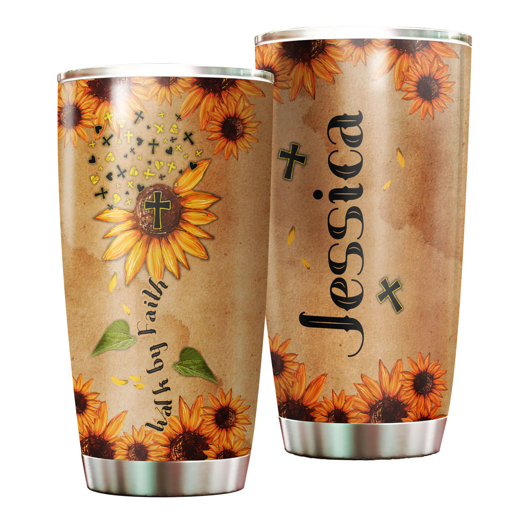 Camellia Persionalized Vintage Sunflower Walk By Faith Stainless Steel Tumbler - Customized Double - Walled Insulation Travel Thermal Cup With Lid