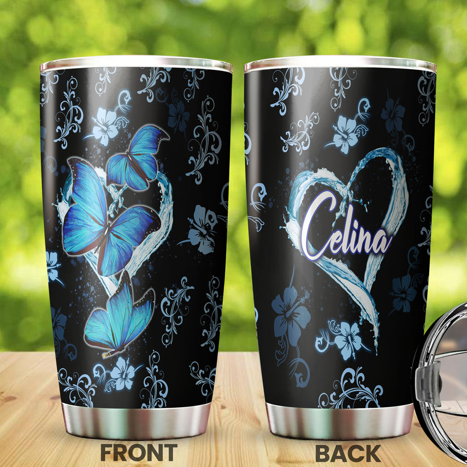 Camellia Personalized Blue Butterfly Stainless Steel Tumbler - Double-Walled Insulation Vacumm Flask - Gift For Thanksgiving, Memorial Day