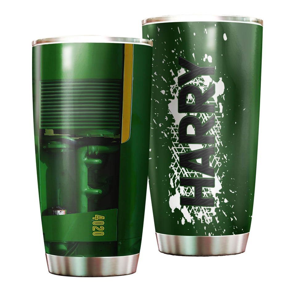 Camellia Personalized 3D Green Tractor Farmer Stainless Steel Tumbler - Customized Double-Walled Insulation Travel Thermal Cup With Lid