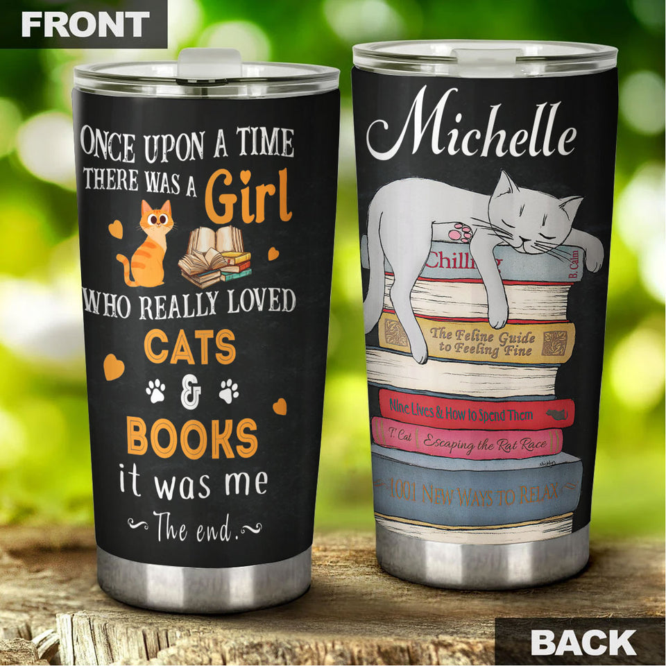 Camellia Personalized Book Cat Once Upon A Time There Was A Girl Who Really Loved Book And Cat Stainless Steel Tumbler - Double-Walled Insulation Vacumm Flask - Gift For Book Lovers, Nerd, Cat Lovers