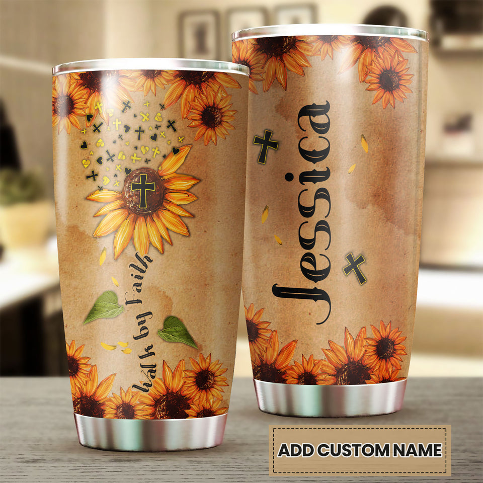 Camellia Persionalized Vintage Sunflower Walk By Faith Stainless Steel Tumbler - Customized Double - Walled Insulation Travel Thermal Cup With Lid