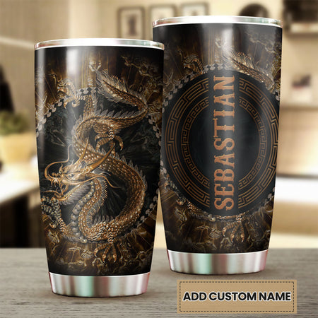 Camellia Personalized Dragon Gold Style Stainless Steel Tumbler - Customized Double-Walled Insulation Travel Thermal Cup With Lid