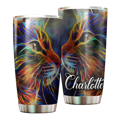 Camellia Persionalized 3D Cat Neon Art Stainless Steel Tumbler - Customized Double - Walled Insulation Travel Thermal Cup With Lid Gift For Cat Lover