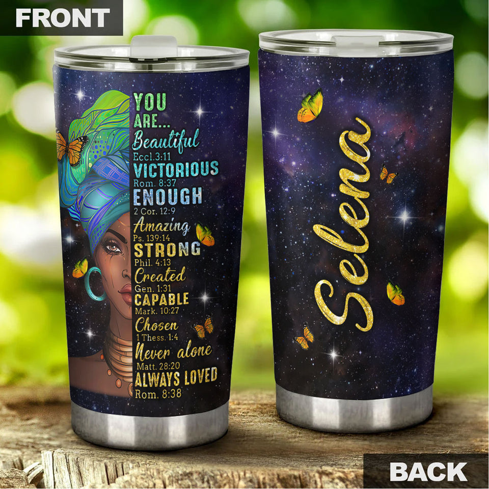 Camellia Personalized Black Women Stainless Steel Tumbler - Double-Walled Insulation Vacumm Flask - Gift For Black Queen, International Women's Day, Hippie Girls 12