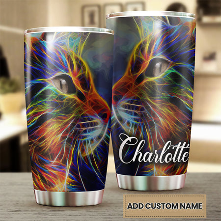 Camellia Persionalized 3D Cat Neon Art Stainless Steel Tumbler - Customized Double - Walled Insulation Travel Thermal Cup With Lid Gift For Cat Lover