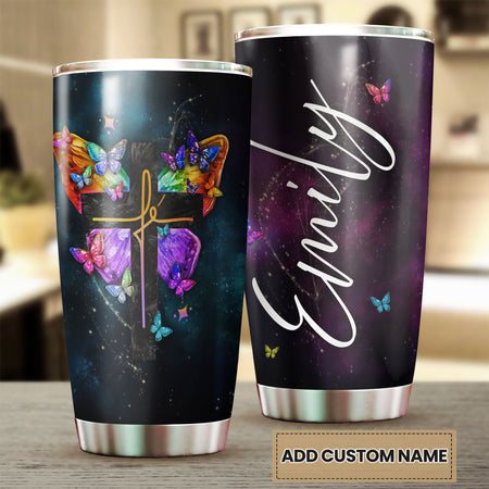 Camellia Personalized Butterfly Christian Cross Stainless Steel Tumbler - Double-Walled Insulation Vacumm Flask - For Thanksgiving, Memorial Day, Christians, Christmas Gift