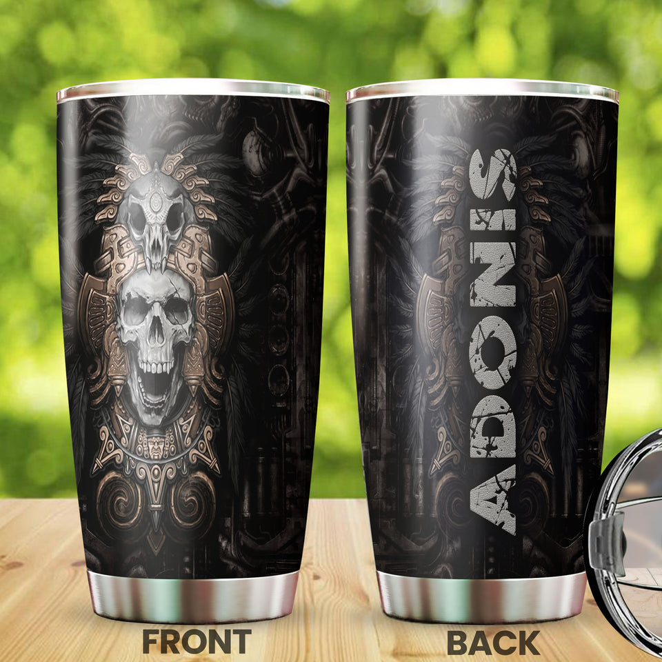 Camellia Personalized 3D Native American Golden Skull Stainless Steel Tumbler - Customized Double-Walled Insulation Travel Thermal Cup With Lid
