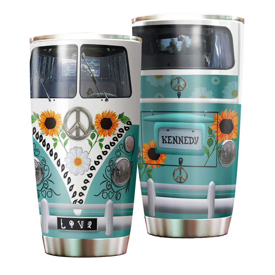 Camellia Personalized Hippie Van And Sunflowers Stainless Steel Tumbler- Sweat-Proof Double Wall Travel Cup With Lid