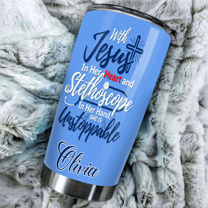 Camellia Personalized Jesus In Her Heart And Stethoscope In Her Hand She Is Unstoppable Stainless Steel Tumbler- Sweat-Prood Travel Cup With Lid Gift For Nurse Doctor