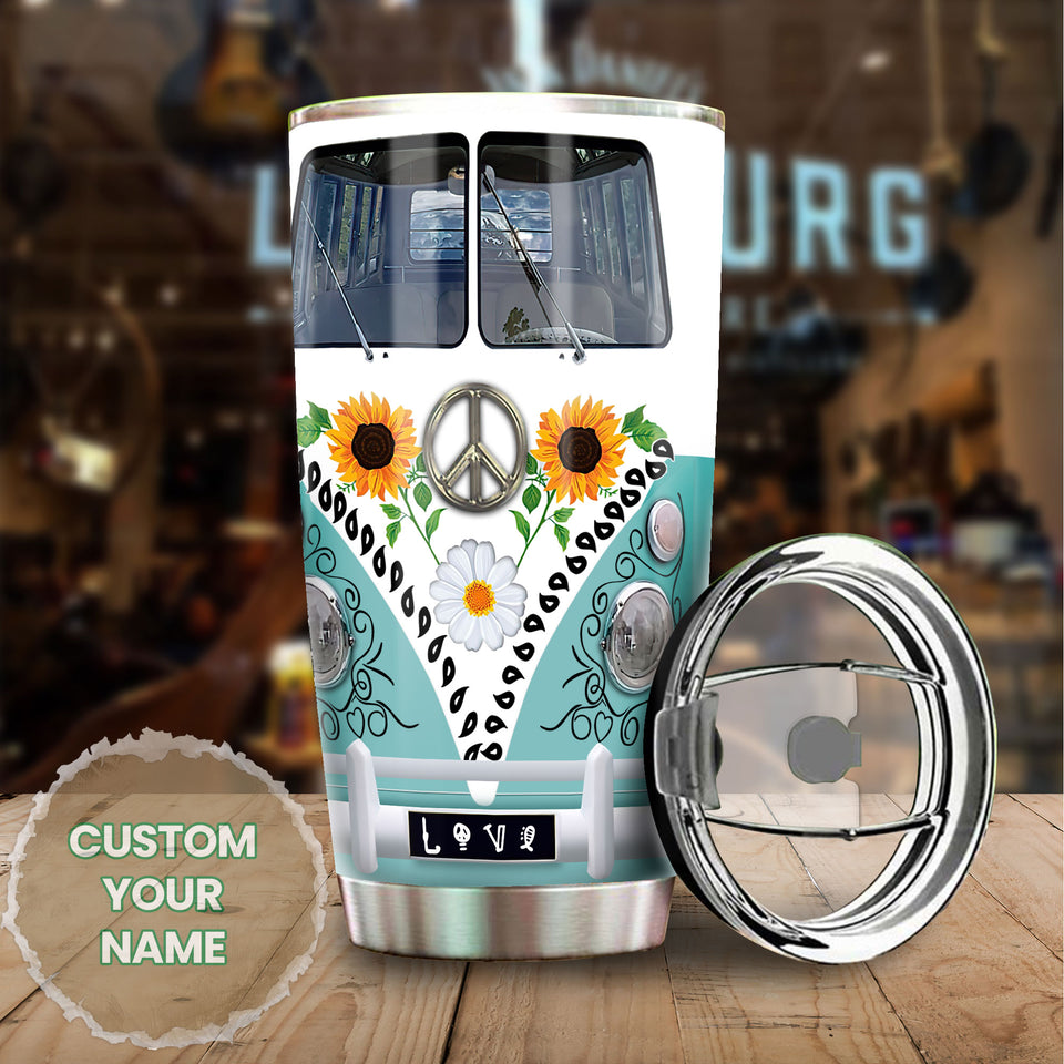 Camellia Personalized Hippie Van And Sunflowers Stainless Steel Tumbler- Sweat-Proof Double Wall Travel Cup With Lid