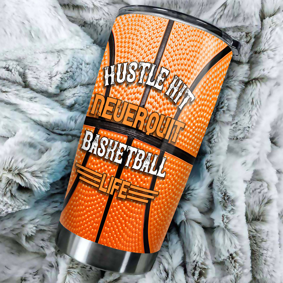 Camellia Persionalized Basketball Hustle Hit Never Quit Stainless Steel Tumbler - Customized Double - Walled Insulation Travel Thermal Cup With Lid Gift For Basketball Player