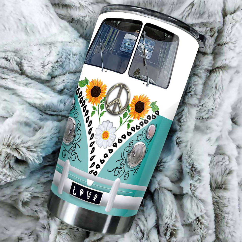 Camellia Personalized Hippie Van And Sunflowers Stainless Steel Tumbler- Sweat-Proof Double Wall Travel Cup With Lid