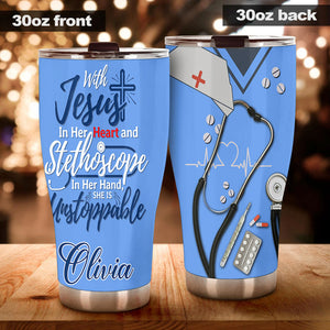 Camellia Personalized Jesus In Her Heart And Stethoscope In Her Hand She Is Unstoppable Stainless Steel Tumbler- Sweat-Prood Travel Cup With Lid Gift For Nurse Doctor