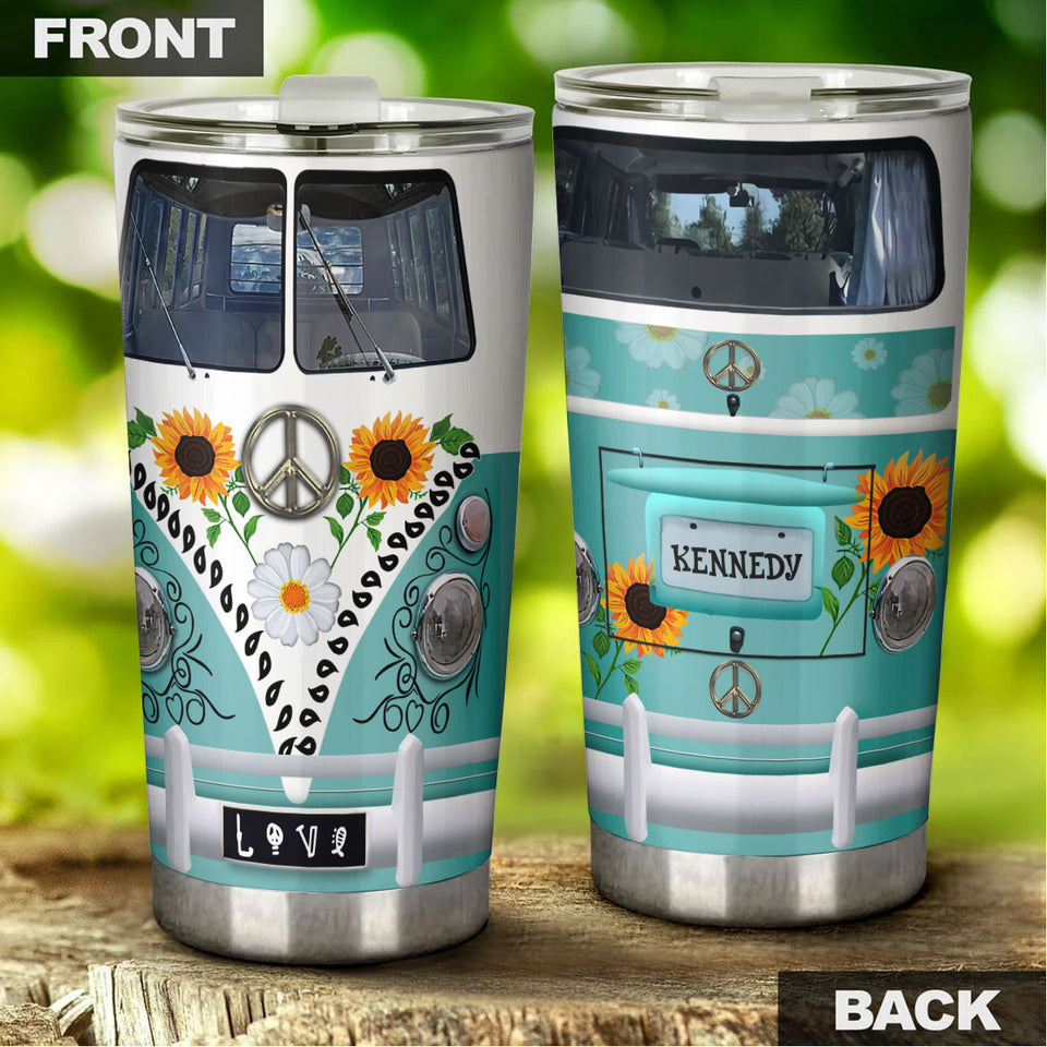 Camellia Personalized Hippie Van And Sunflowers Stainless Steel Tumbler- Sweat-Proof Double Wall Travel Cup With Lid