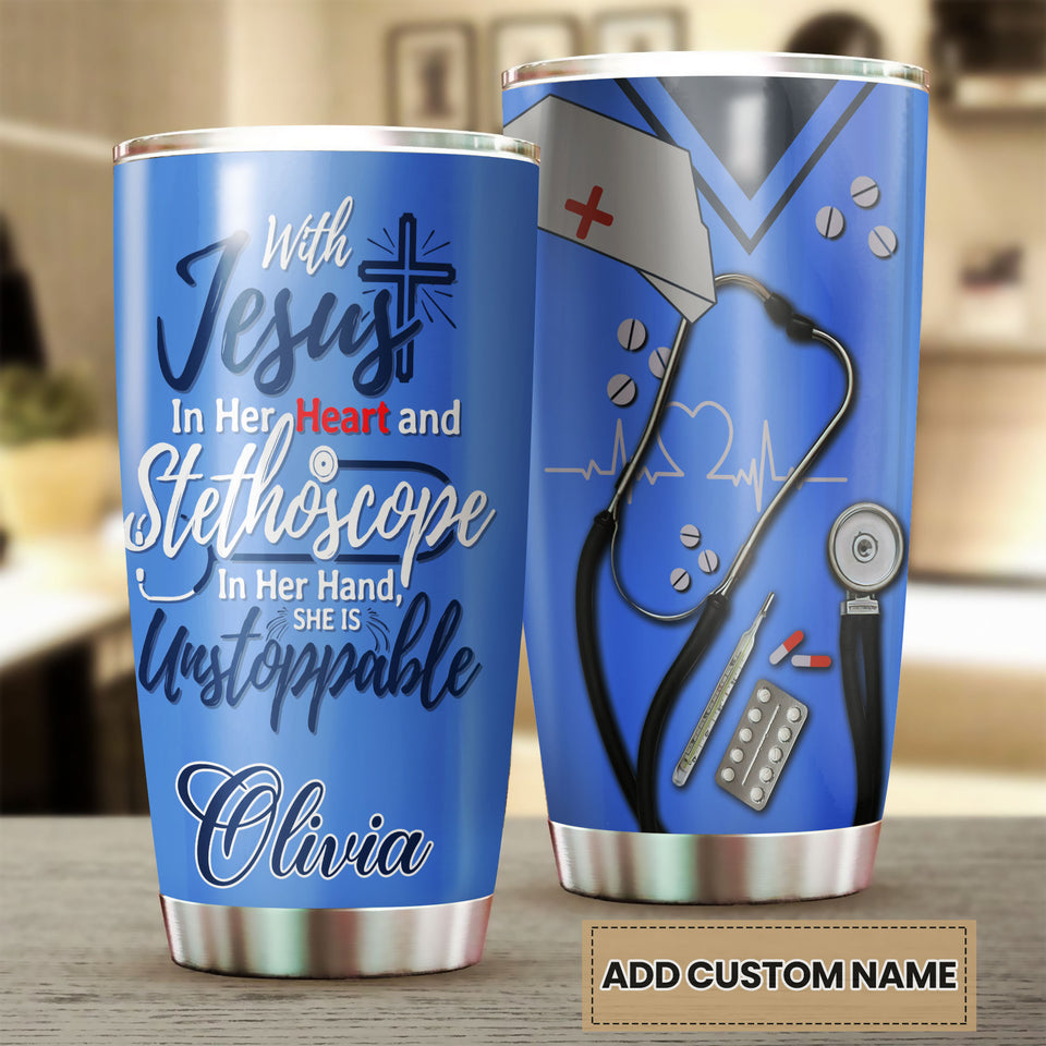 Camellia Personalized Jesus In Her Heart And Stethoscope In Her Hand She Is Unstoppable Stainless Steel Tumbler- Sweat-Prood Travel Cup With Lid Gift For Nurse Doctor