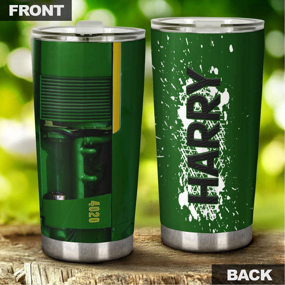 Camellia Personalized 3D Green Tractor Farmer Stainless Steel Tumbler - Customized Double-Walled Insulation Travel Thermal Cup With Lid