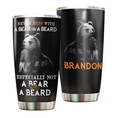 Camellia Persionalized 3D Never Mess With A Bear Or A Beard Stainless Steel Tumbler - Customized Double - Walled Insulation Travel Thermal Cup With Lid Gift For Bear Lover