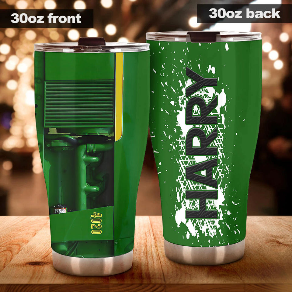 Camellia Personalized 3D Green Tractor Farmer Stainless Steel Tumbler - Customized Double-Walled Insulation Travel Thermal Cup With Lid