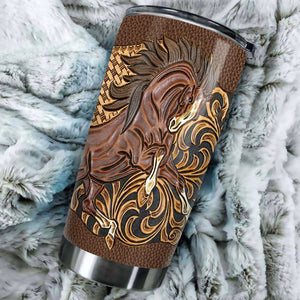 Camellia Personalized Horse Leather Style Stainless Steel Tumbler - Double-Walled Insulation Vacumm Flask - Gift For Horse Lovers, Cowgirls, Cowboys, Perfect Christmas, Thanksgiving Gift 05