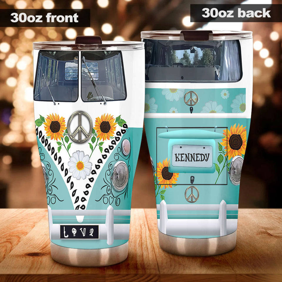 Camellia Personalized Hippie Van And Sunflowers Stainless Steel Tumbler- Sweat-Proof Double Wall Travel Cup With Lid