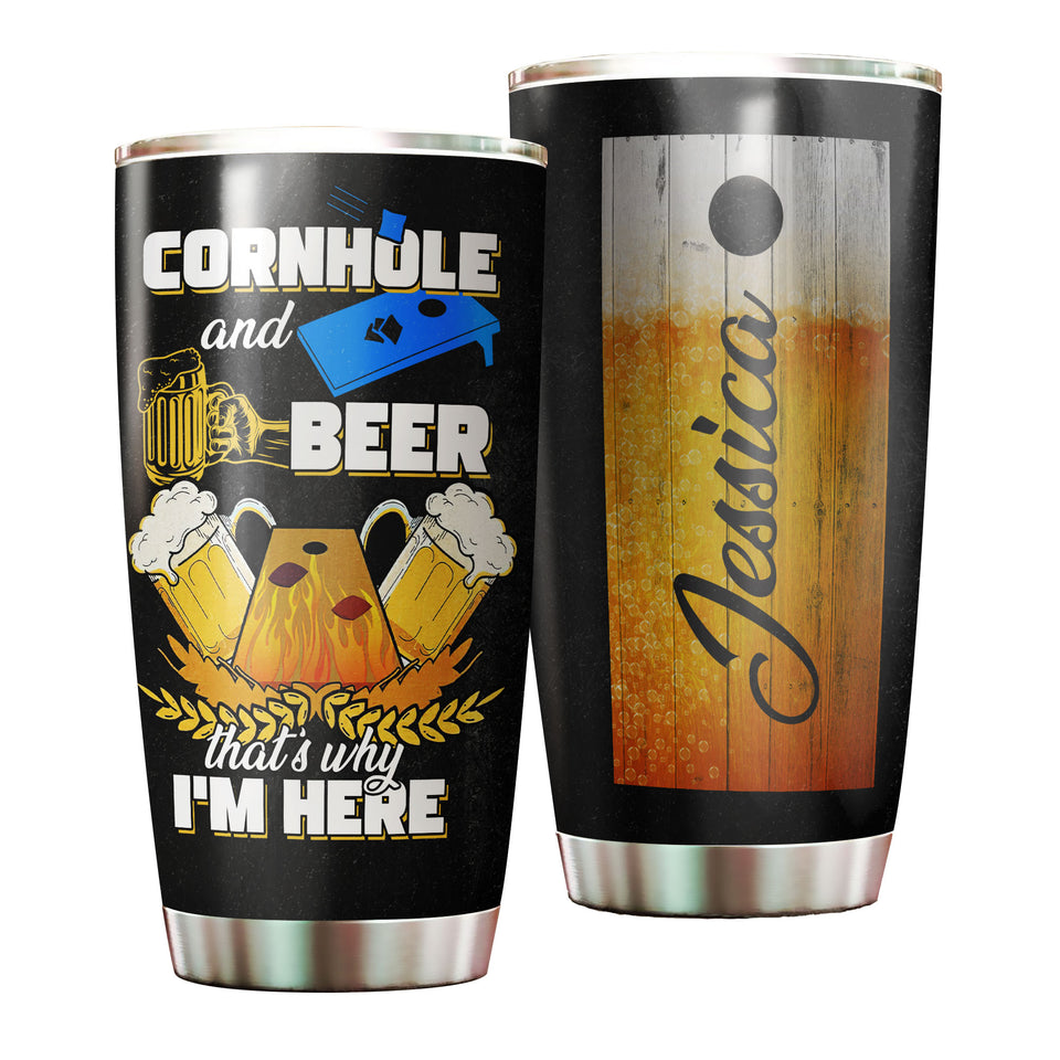 Camellia Personalized Cornhole And Beer Thats Why Im Here Stainless Steel Tumbler - Customized Double-Walled Insulation Travel Thermal Cup With Lid