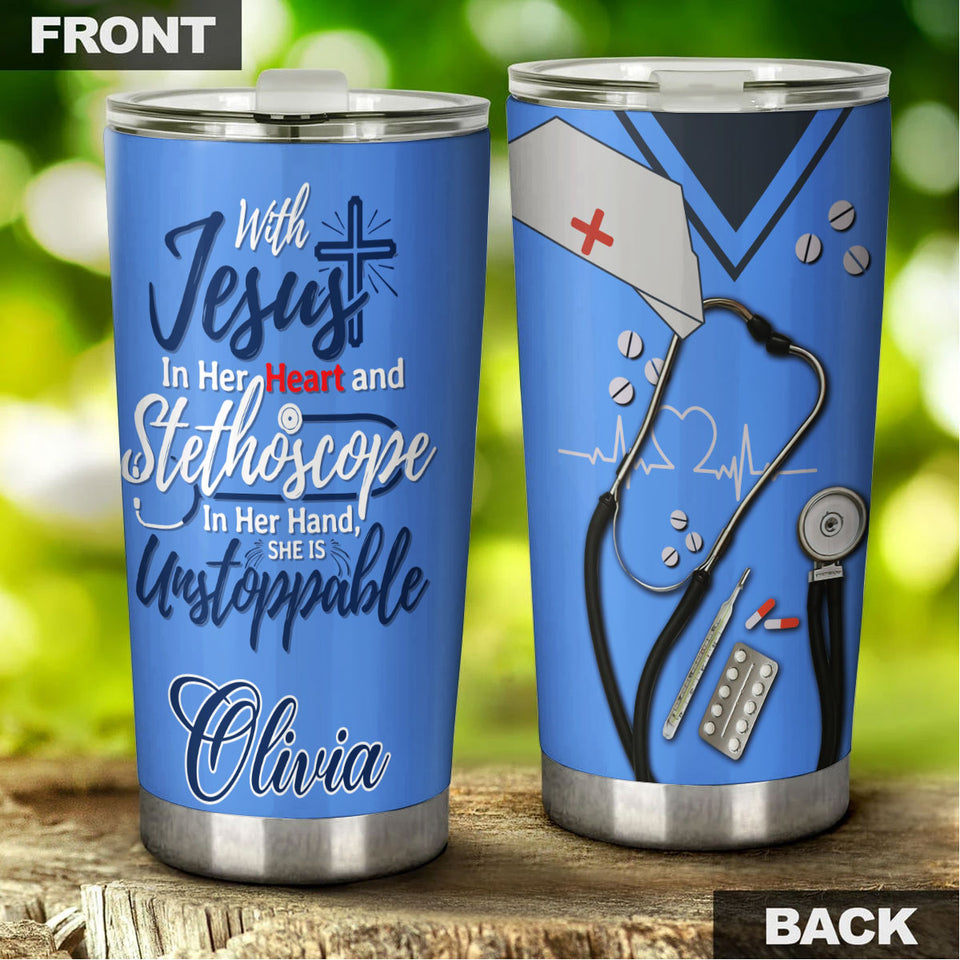 Camellia Personalized Jesus In Her Heart And Stethoscope In Her Hand She Is Unstoppable Stainless Steel Tumbler- Sweat-Prood Travel Cup With Lid Gift For Nurse Doctor