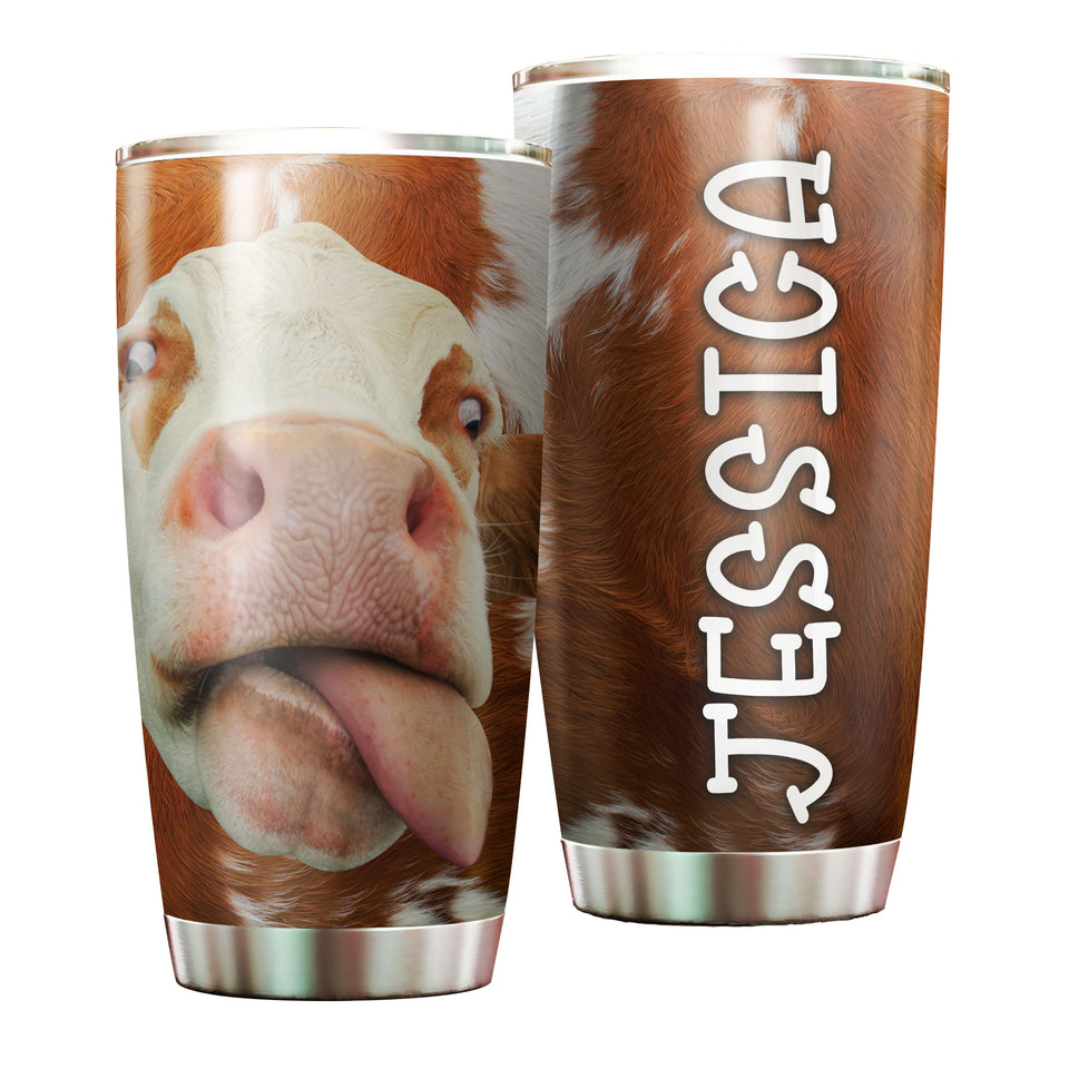 Camellia Personalized 3D Funny Cow Stainless Steel Tumbler - Customized Double-Walled Insulation Travel Thermal Cup With Lid