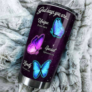 Camellia Personalized Butterfly God Says You Are Unique Stainless Steel Tumbler - Double-Walled Insulation Vacumm Flask - For Thanksgiving, Memorial Day, Christians, Christmas Gift