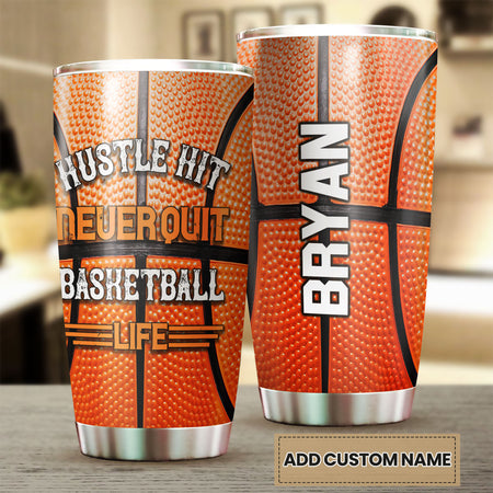 Camellia Persionalized Basketball Hustle Hit Never Quit Stainless Steel Tumbler - Customized Double - Walled Insulation Travel Thermal Cup With Lid Gift For Basketball Player