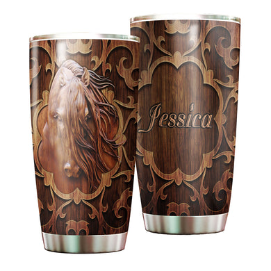 Camellia Personalized Horse Wood Style Stainless Steel Tumbler - Double-Walled Insulation Vacumm Flask - Gift For Horse Lovers, Cowgirls, Cowboys, Perfect Christmas, Thanksgiving Gift