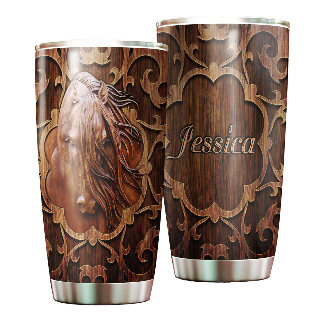 Camellia Personalized Horse Wood Style Stainless Steel Tumbler - Double-Walled Insulation Vacumm Flask - Gift For Horse Lovers, Cowgirls, Cowboys, Perfect Christmas, Thanksgiving Gift