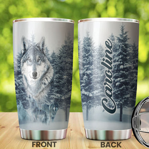 Camellia Persionalized 3D Wolf In Forest Stainless Steel Tumbler - Customized Double - Walled Insulation Travel Thermal Cup With Lid Gift For Wolf Lover