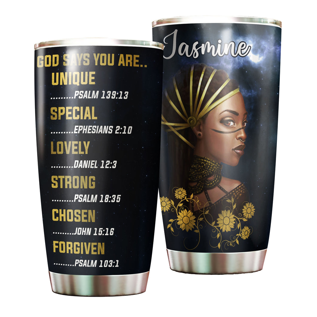 Camellia Personalized Black Women Faith God Says You Are Stainless Steel Tumbler - Double-Walled Insulation Vacumm Flask - Gift For Black Queen, International Women's Day, Hippie Gir