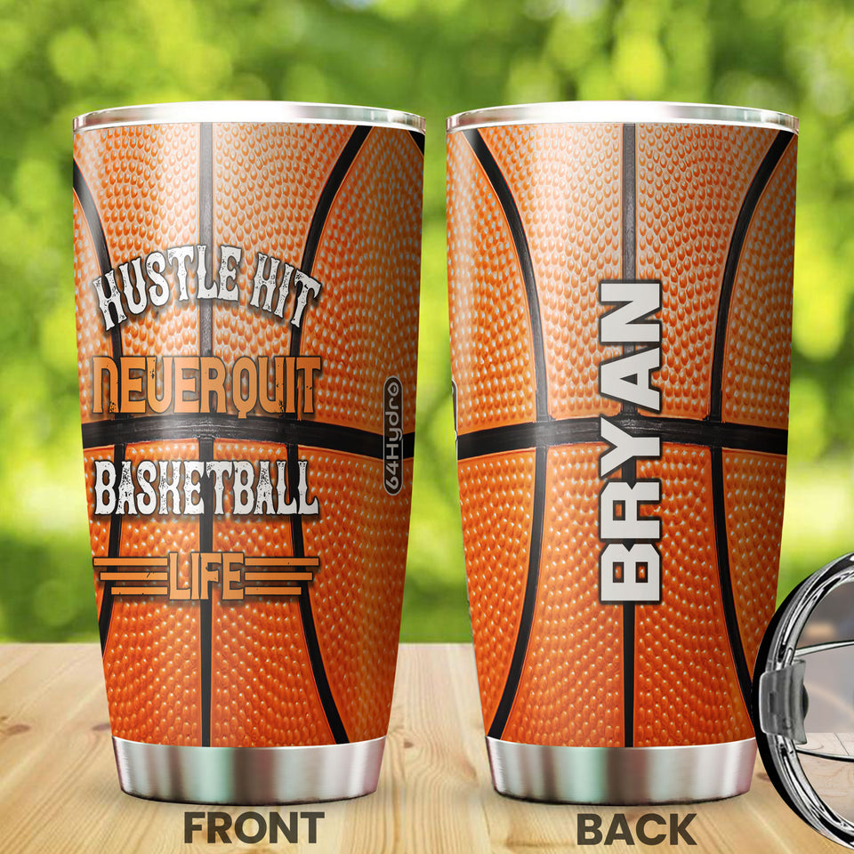 Camellia Persionalized Basketball Hustle Hit Never Quit Stainless Steel Tumbler - Customized Double - Walled Insulation Travel Thermal Cup With Lid Gift For Basketball Player